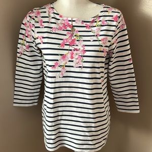 Joules 100% cotton striped boat neck 3/4 sleeve top with floral pattern